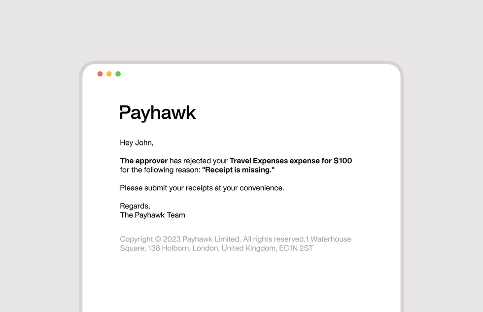 rejected email approval notification from the payhawk spend management platform